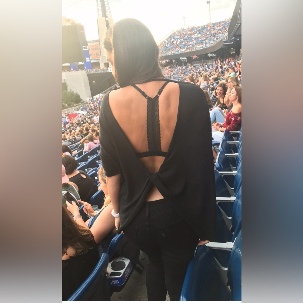 She+Sky black sweater top with open twist back detailing